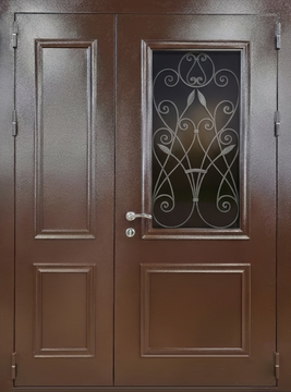 Полуторная входная дверь с остеклением, металлобагетом и ковкой (коричневая порошковая покраска)