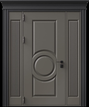 Входная термодверь с металлофиленкой, вставками по бокам, карнизом и порошковым напылением RAL 7022 (тип №1)